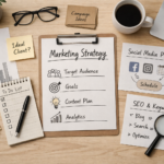 Papers with marketing strategy laying on table